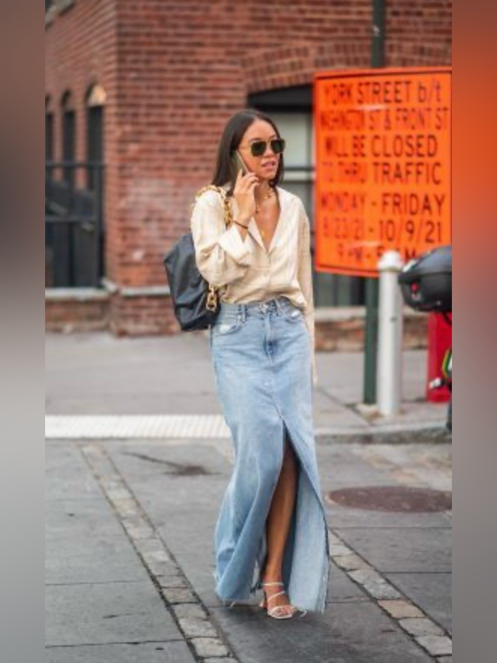 Denim Maxi Skirt with Front Slit (L)
